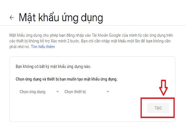 Chọn mục mật khẩu ứng dụng để tạo